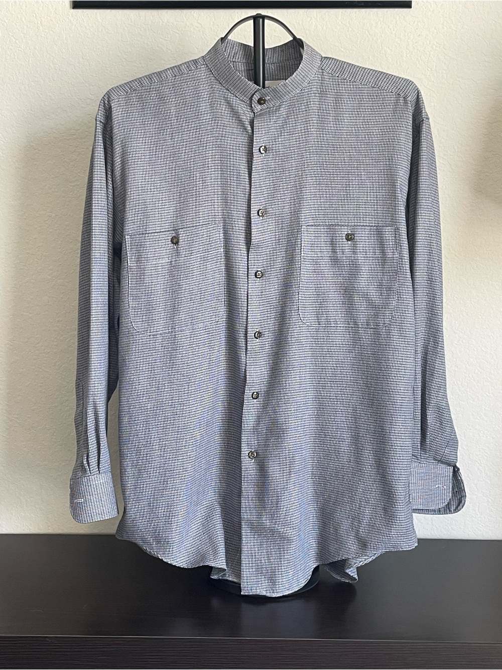 Vtg Yves Saint Laurent YSL Band Collar Shirt Houndstooth Check M 15.5 Old Money